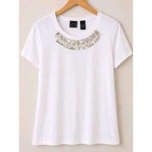 Colour Works White Sequin Neckline Top Medium Y2K Glam Going Out Party Tee